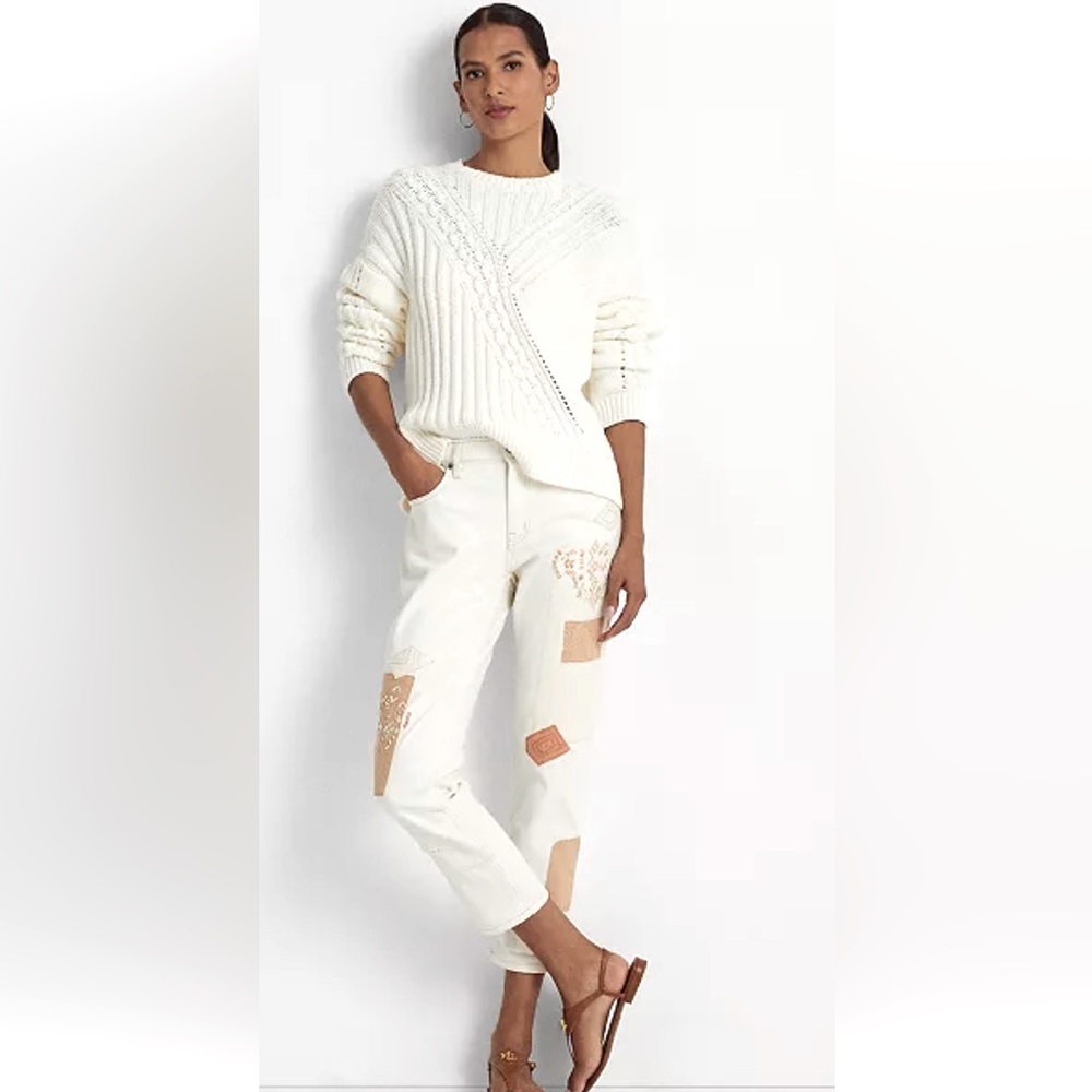 Lauren Ralph Lauren Patchwork Relaxed Tapered Ankle Jeans in Cream Wash - Picture 2 of 5